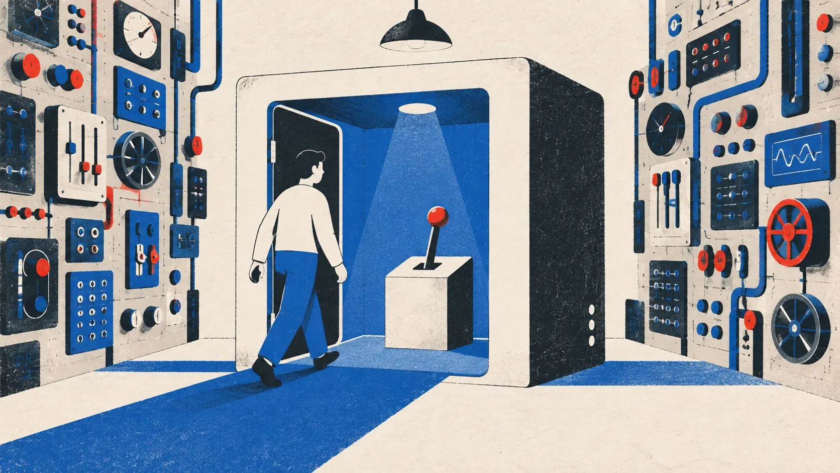 A visitor follows one clear path to a single lever while decorative controls sit at the edges.