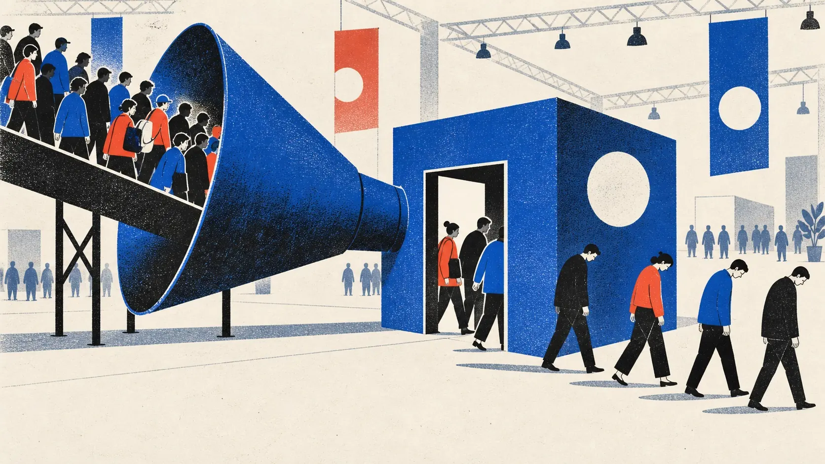 A crowd enters a large funnel but leaves a product booth empty-handed.