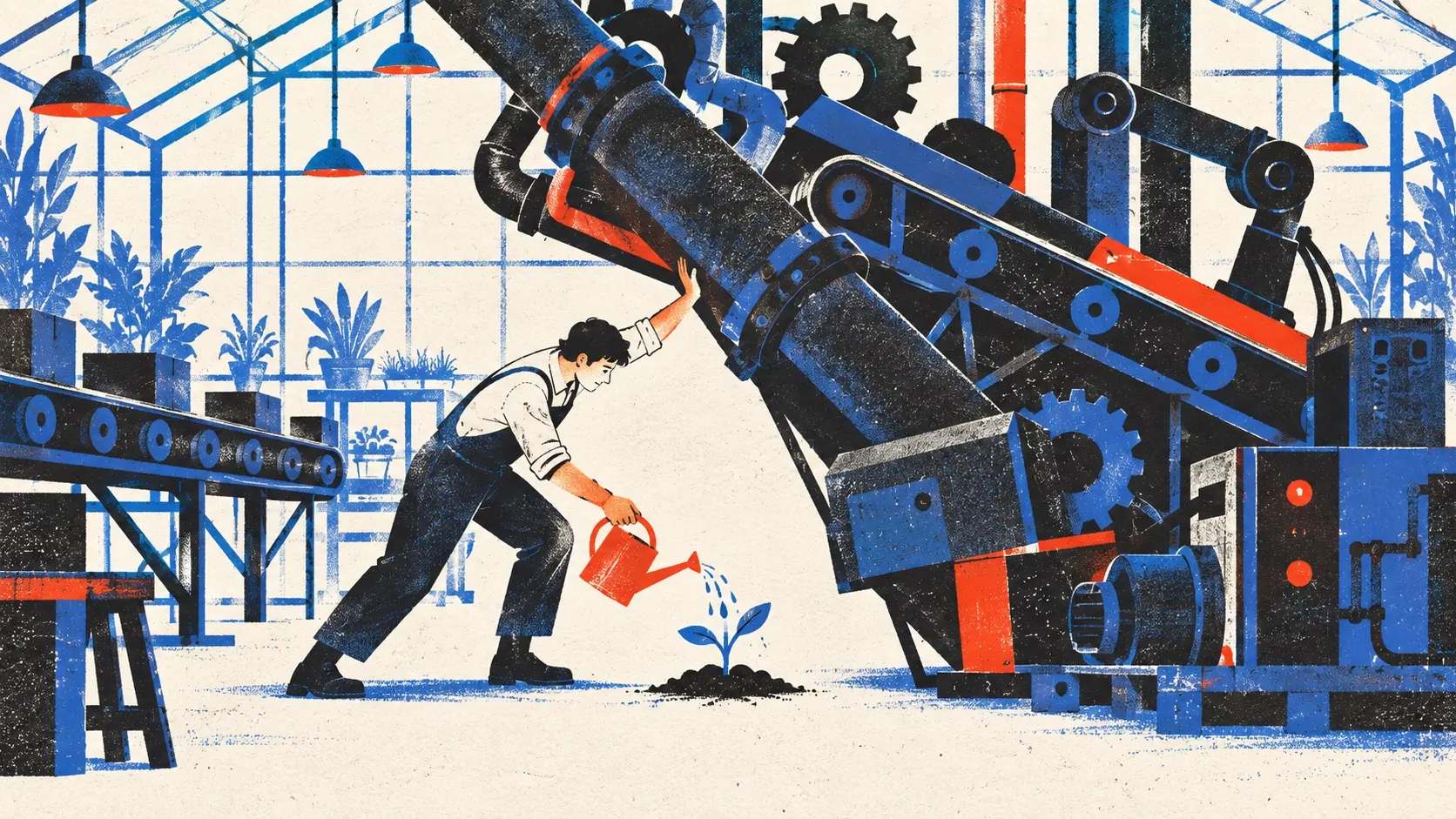 A founder waters a young plant while removing oversized factory machinery from above it.