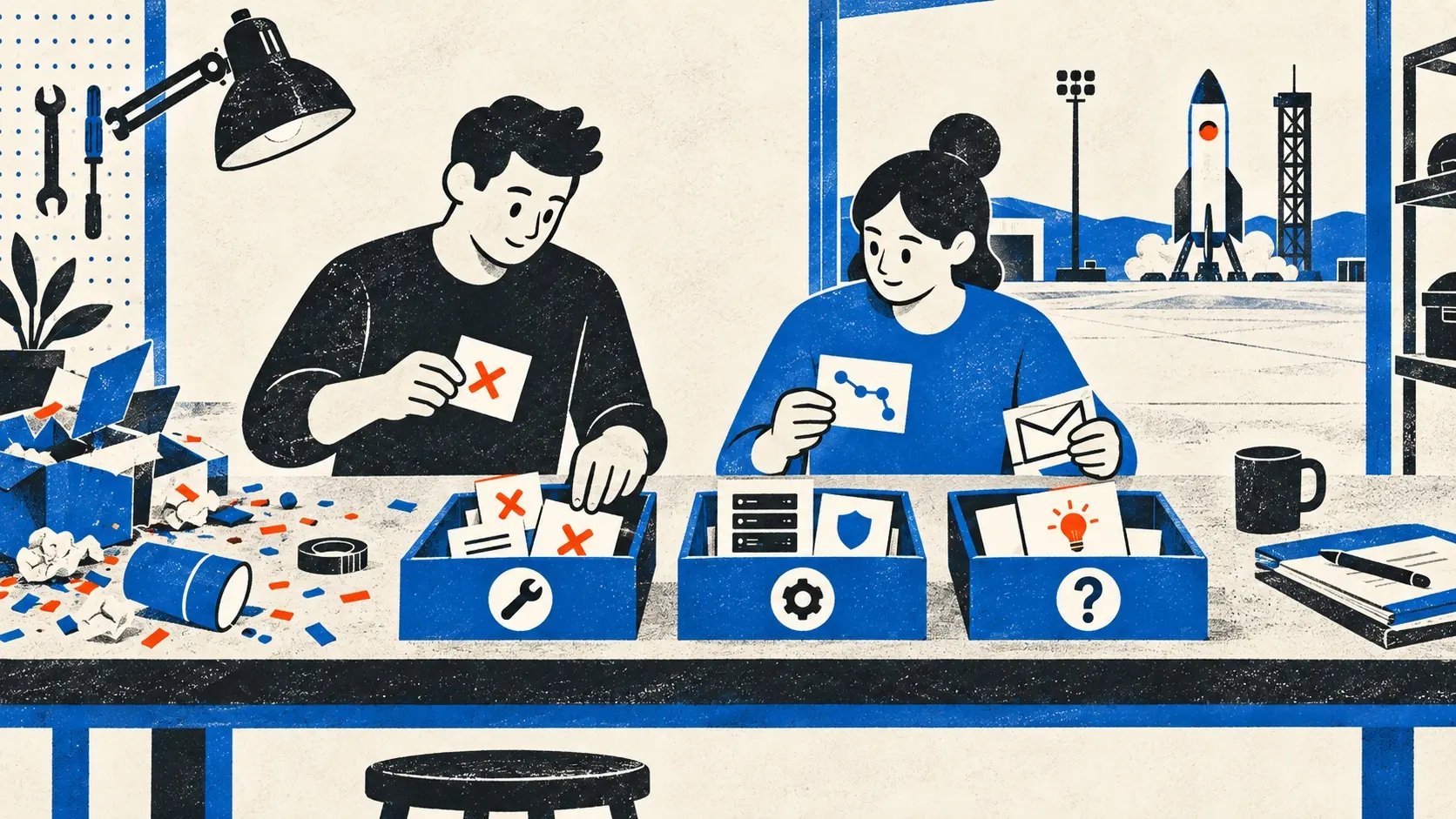 Two founders sort launch debris into evidence, questions, and three clear next actions.