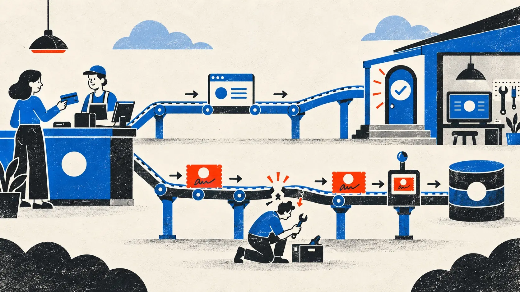 A founder repairs the signed-event path between a completed checkout and the application's entitlement ledger while the browser returns separately.