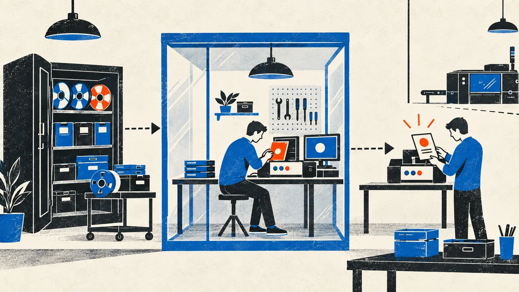 A founder restores product data from a protected archive into an isolated test workshop and checks that the rebuilt machine works.