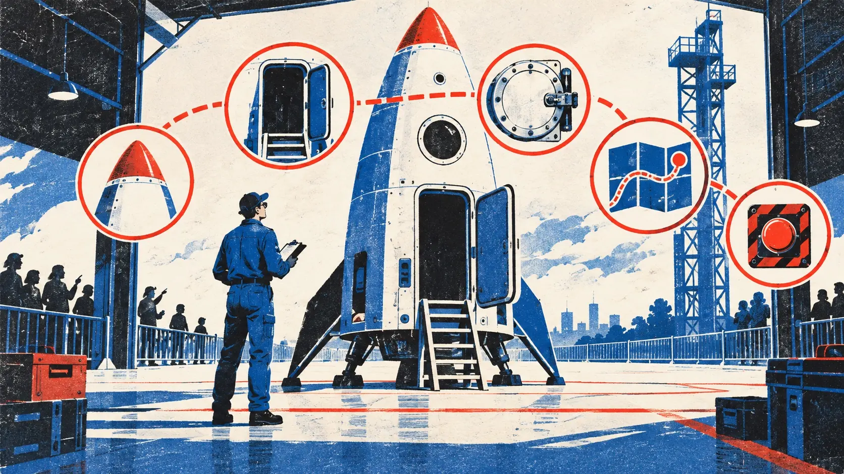 A founder follows an outside-in inspection path around a launch vehicle before release.