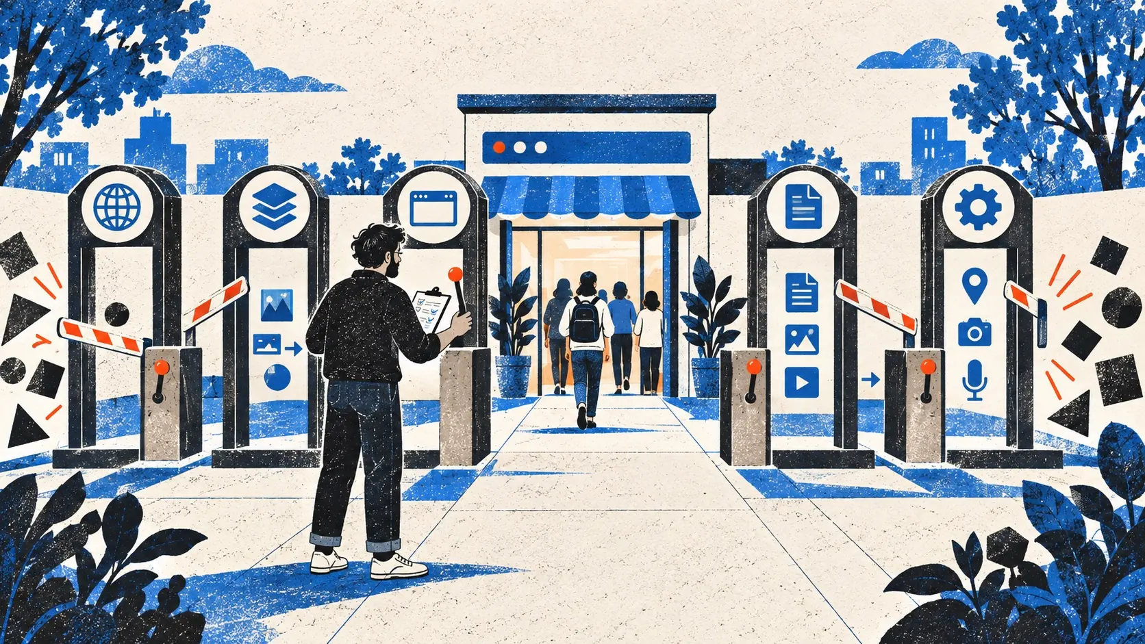 A founder adjusts a row of browser boundary gates protecting a small public website without blocking its entrance.