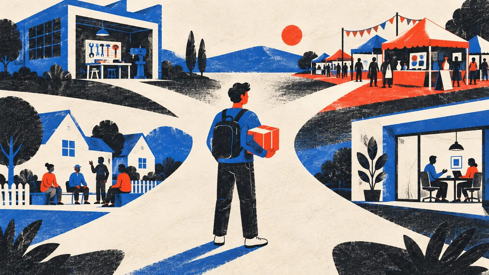 A founder carrying a product chooses among paths to four distinct launch communities.