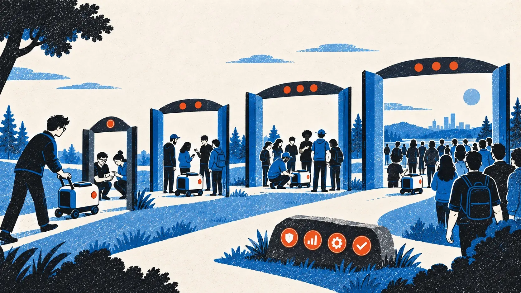 A founder opens a sequence of wider gates as a small product proves it can safely serve more users.