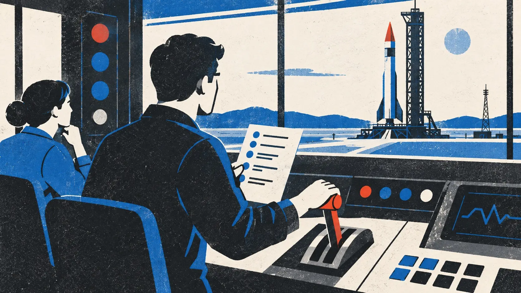 Two founders calmly follow a launch checklist beside a clear rollback lever.