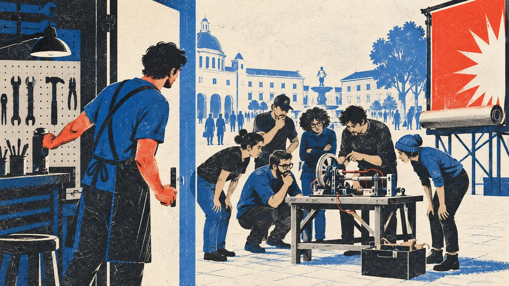 A builder opens a workshop and invites fellow makers to inspect a working invention.