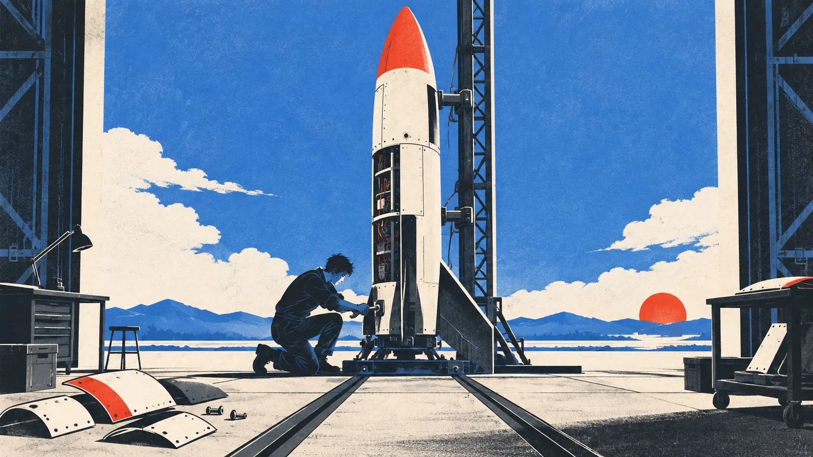A founder tightens a critical bolt on a small rocket while decorative panels wait nearby.