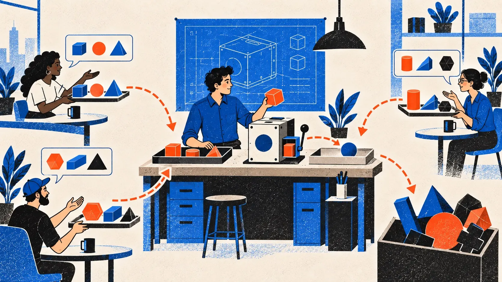 A founder sorts customer request pieces against one clear product blueprint before adding anything to the shared machine.