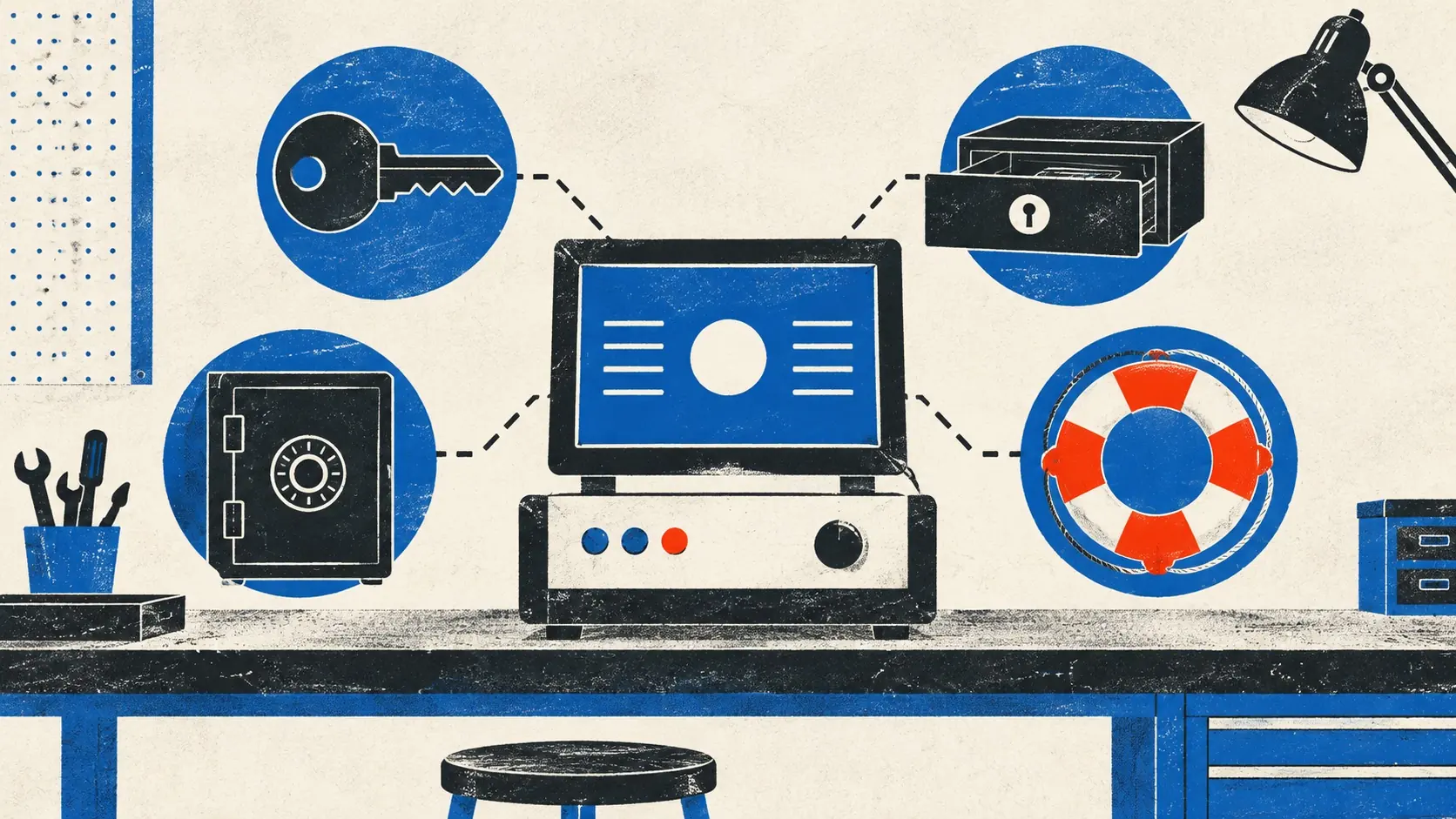 A software control station connected to safeguards for identity, payment, data, and recovery.