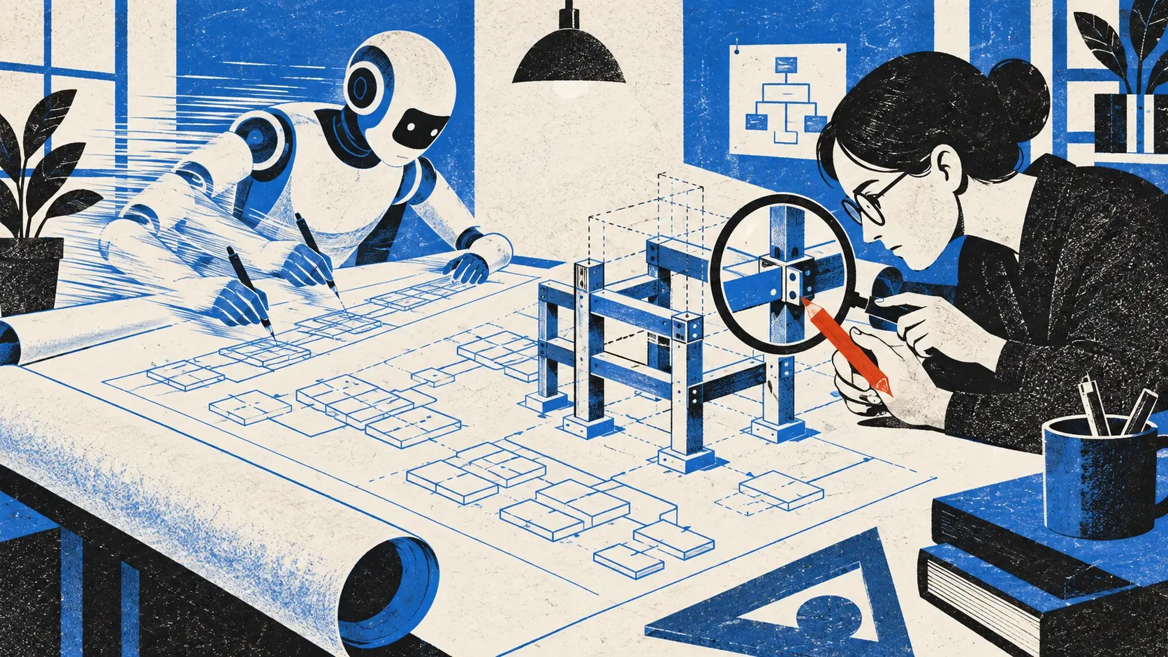 A human inspects the structural joints of a blueprint drafted quickly by a robot.