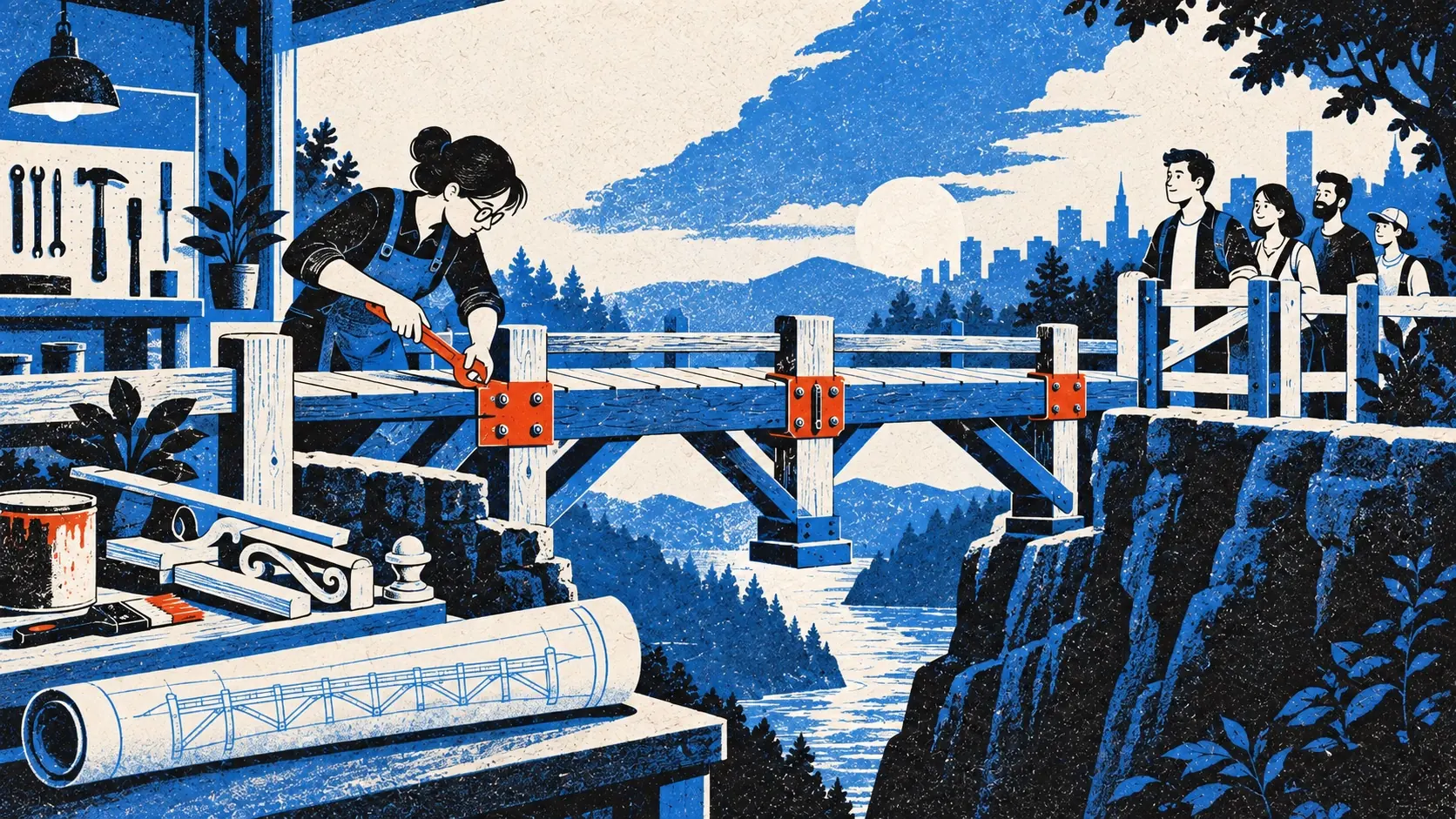 A founder keeps a proven prototype bridge while reinforcing its critical joints before first users cross.