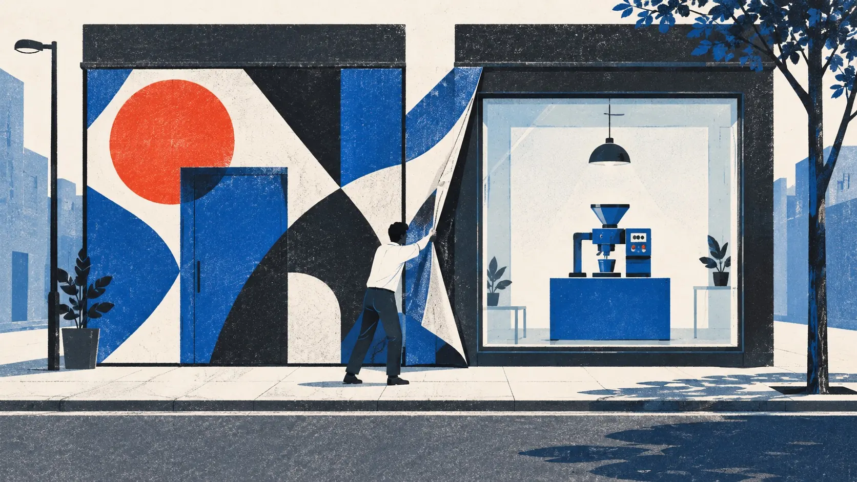A founder removes an abstract facade to reveal one useful machine through a clear storefront window.