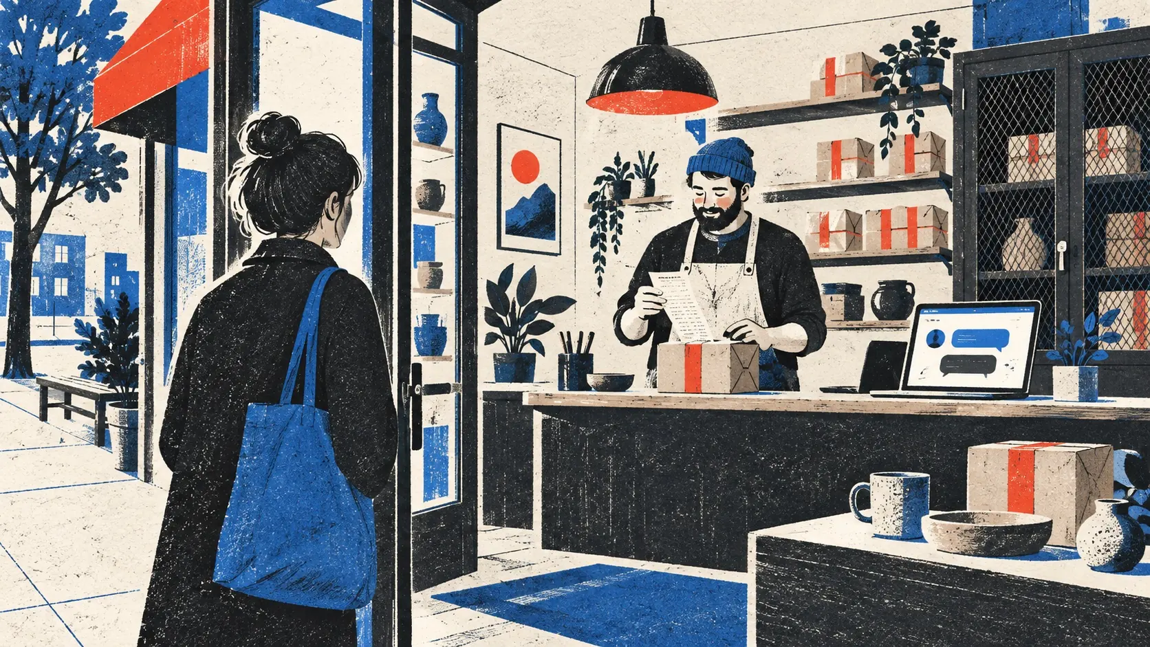 A visitor sees a real operator, receipt, help path, and secure storage inside a small product shop.